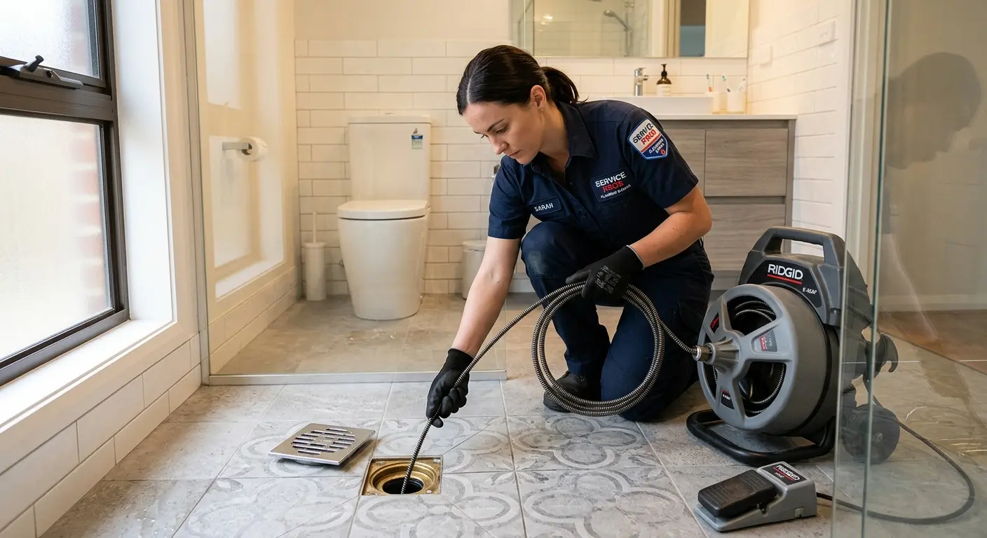 Technician clearing a bathroom floor drain for Drain Cleaning in Fruit Heights